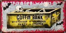 1960s Halloween Coffin Bank Skeleton Toy Bats Spider web Metal Sign 6x12